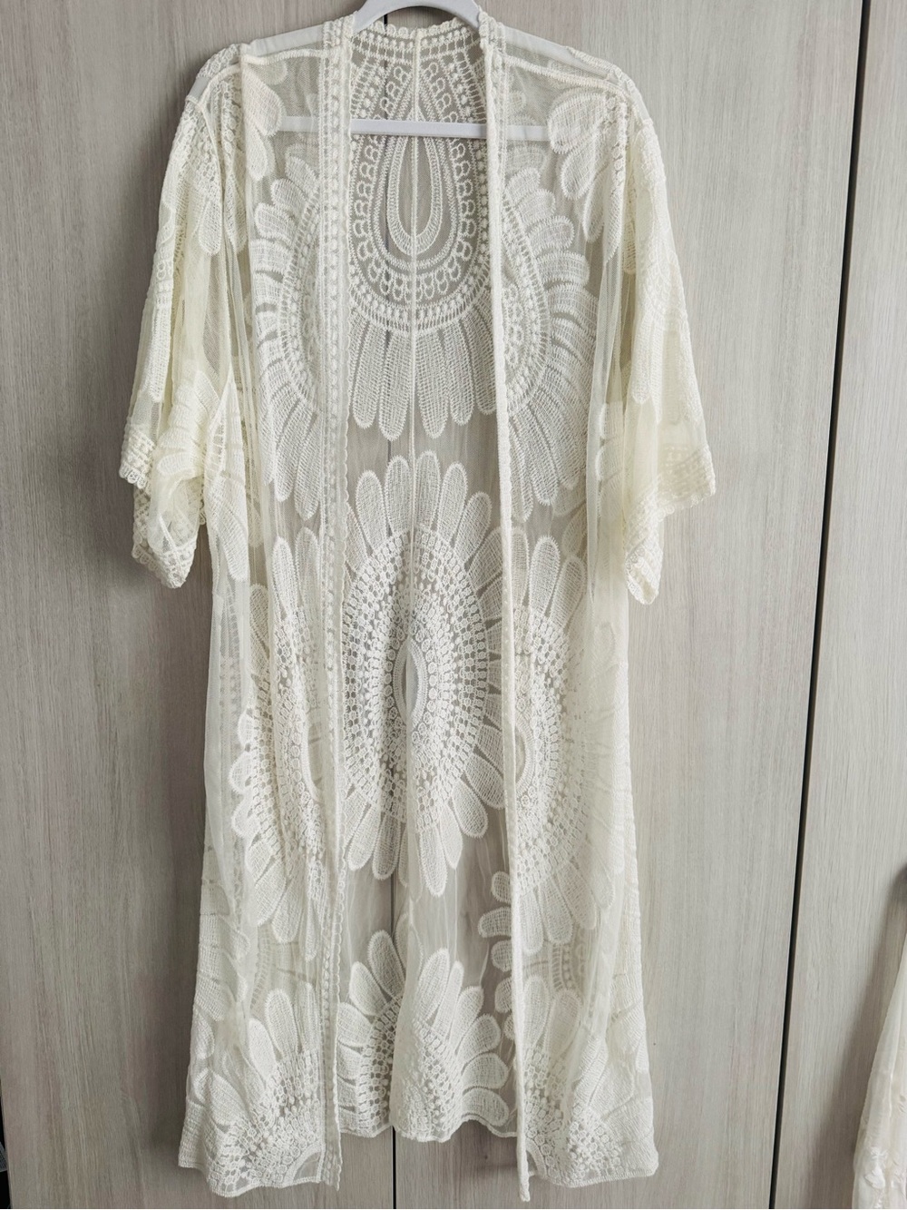 Sheer Floral Crochet Duster Cardigan - Cream